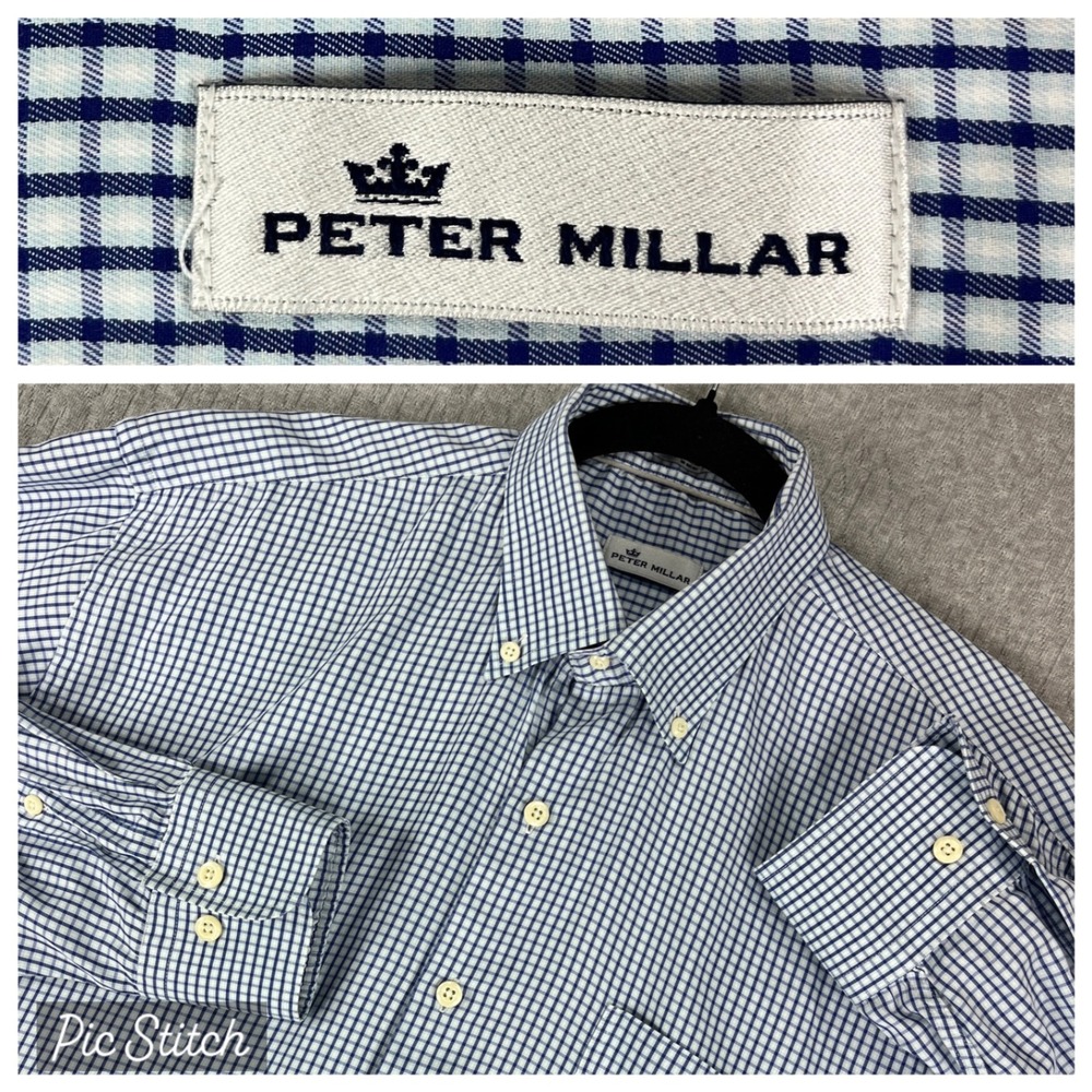 Peter Millar Button Down Shirt Men XL Blue Gingham Silk Cotton Blend Long Sleeve